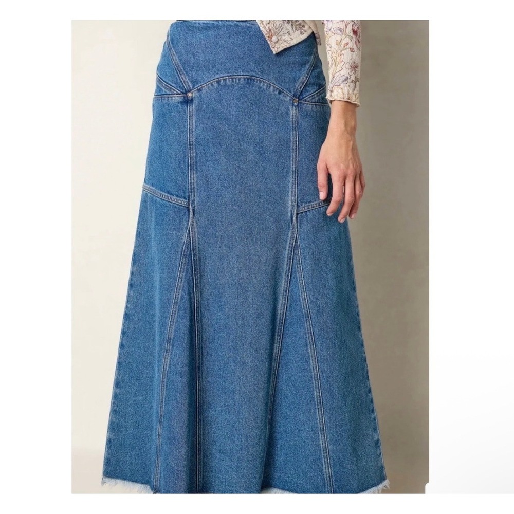 Natural Life Denim A-Line Paneled Maxi Skirt Back Slit Raw Hem Blue 14